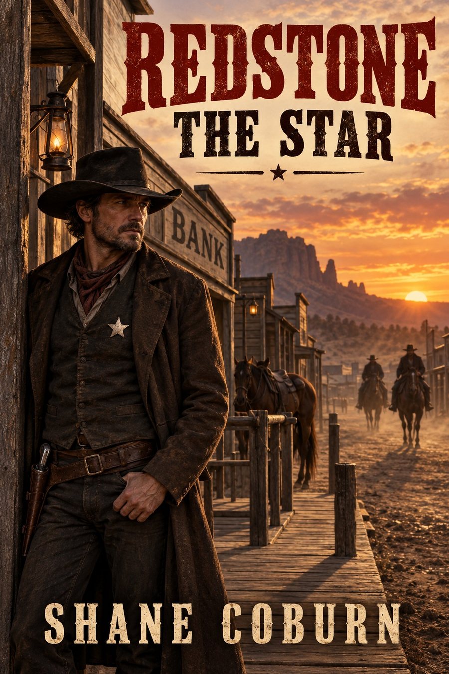 Cover of Redstone the Star, a western by Shane Coburn. A lawman with a tin star stands on a boardwalk at dusk, with the bank and riders behind him.